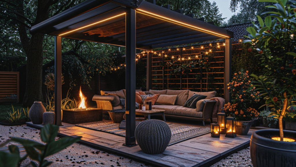 Sfeervolle loungeset onder moderne overkapping met verlichting en vuurtafel in avondtuin.