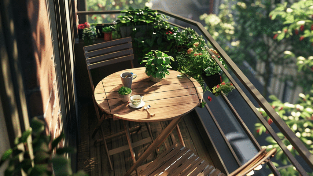 Klein houten bistrosetje op zonnig balkon met planten en uitzicht op groene straat