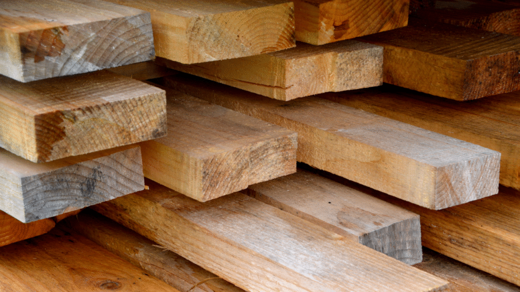 Gestapelde ruwe houten planken in close-up