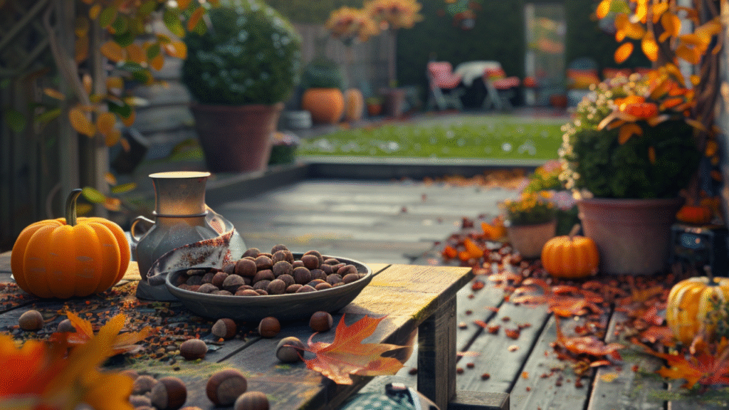Herfstdecoratie op houten terras met pompoenen, noten en gekleurde bladeren