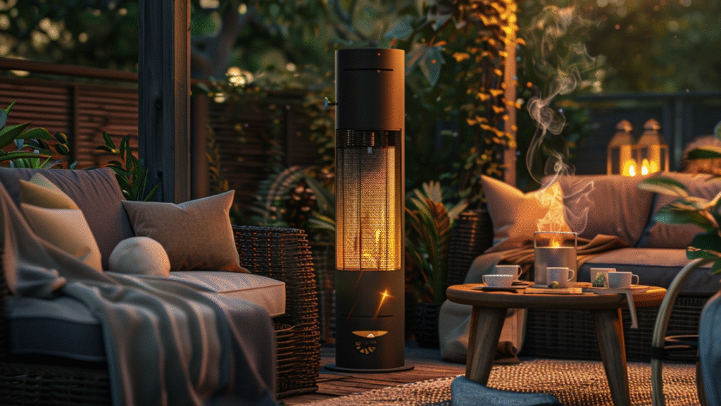 Knusse herfstlounge in tuin met terrasverwarmer, dekens en warme sfeerverlichting