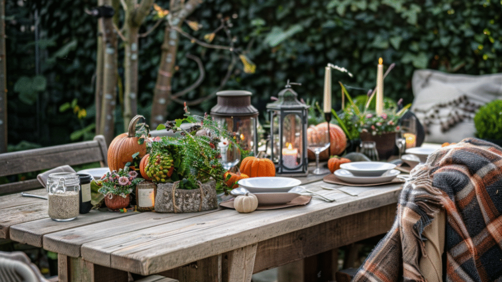 Herfstige buiten-eethoek met kaarsen, pompoenen en warme aankleding op loungetafel
