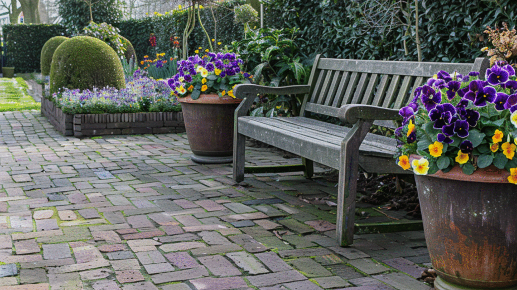 Herfsttuin met houten bank en bloeiende viooltjes in grote bloempotten