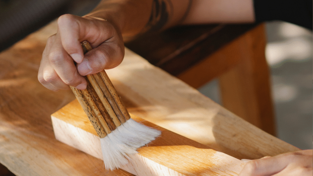 Hand brengt houtbeits aan op houten plank met kwast