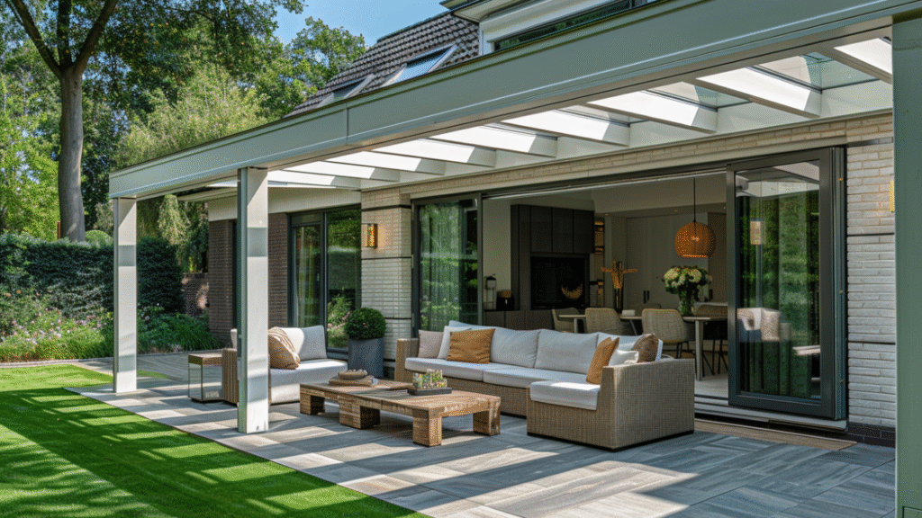 Luxe veranda met loungebank en glazen dak aan moderne woning