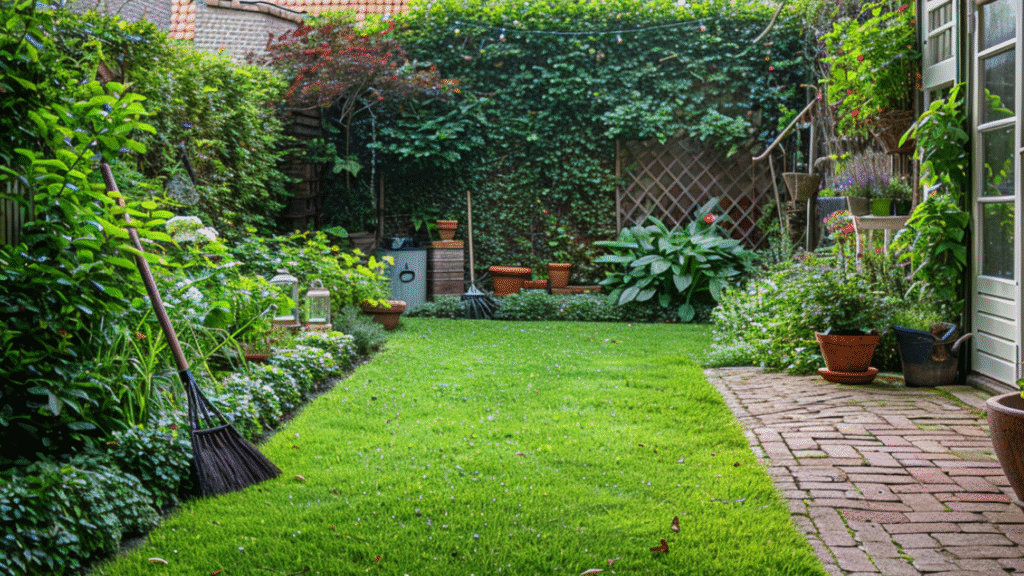 Opgeruimde herfsttuin met groen gazon, bloempotten en klimop tegen de muur