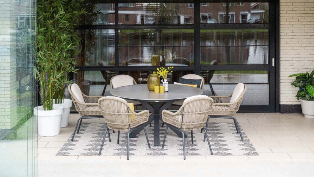 Ronde tuintafel met zes rotanstoelen en decoratie op buitenkleed voor glazen schuifpui