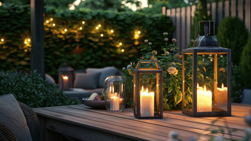 Sfeervolle tuinverlichting met kaarsenlantaarns op houten tuintafel bij schemering