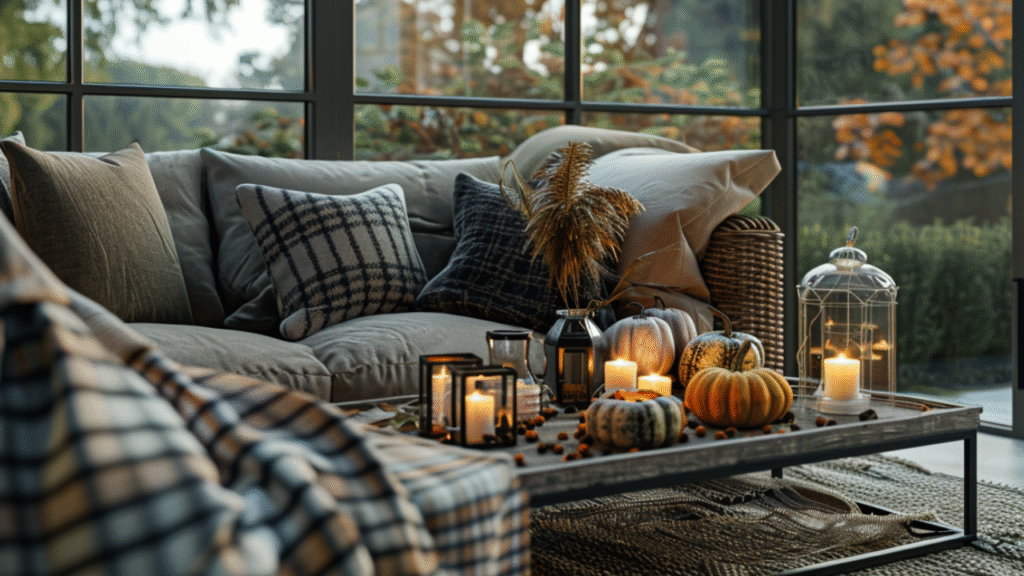 Knusse zithoek onder overkapping met herfstdecoratie, kaarsen en uitzicht op tuin