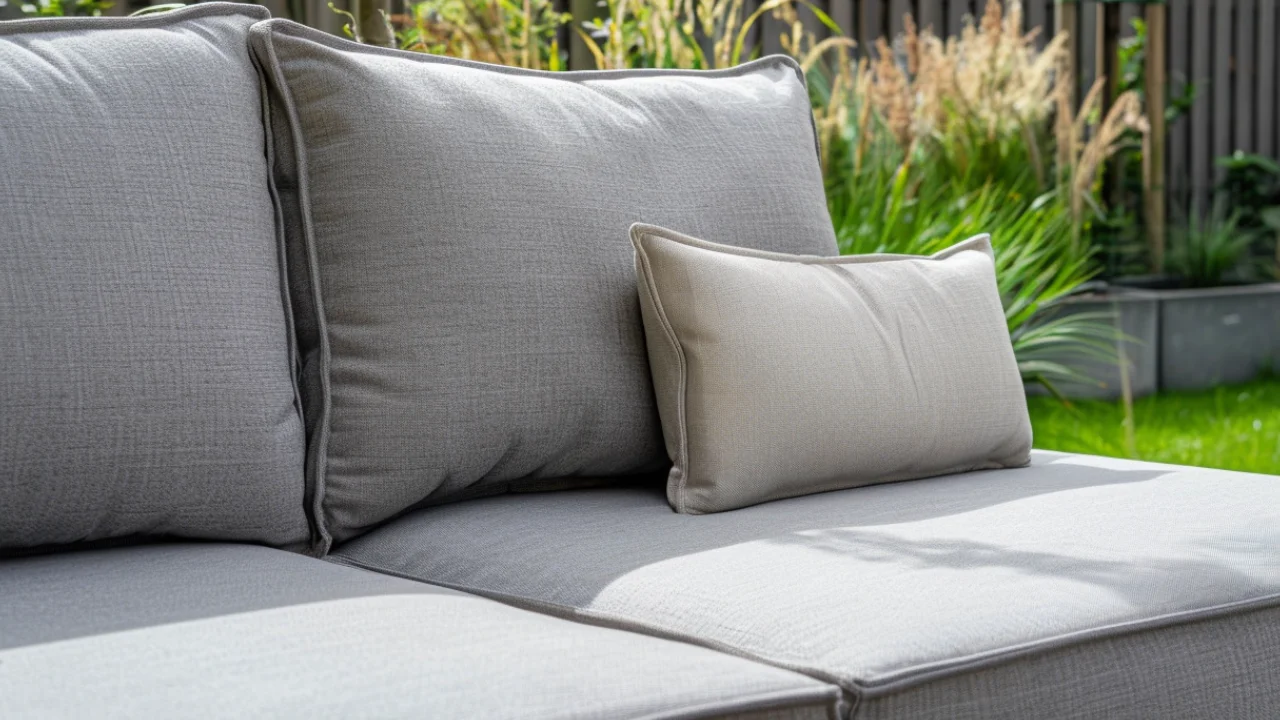 Coussin de dossier gris sur un salon lounge dans le jardin