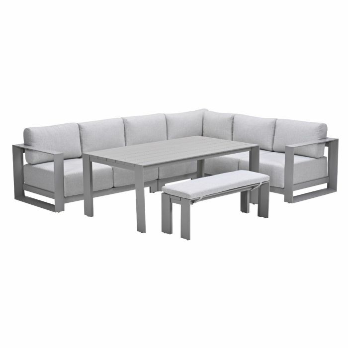 Sfeervolle lounge dining set in taupe met sportbank in tuin