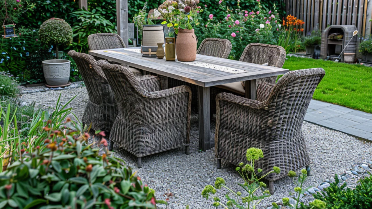 Table de jardin en bois gris avec six chaises en osier sur une terrasse en gravier dans un jardin fleuri