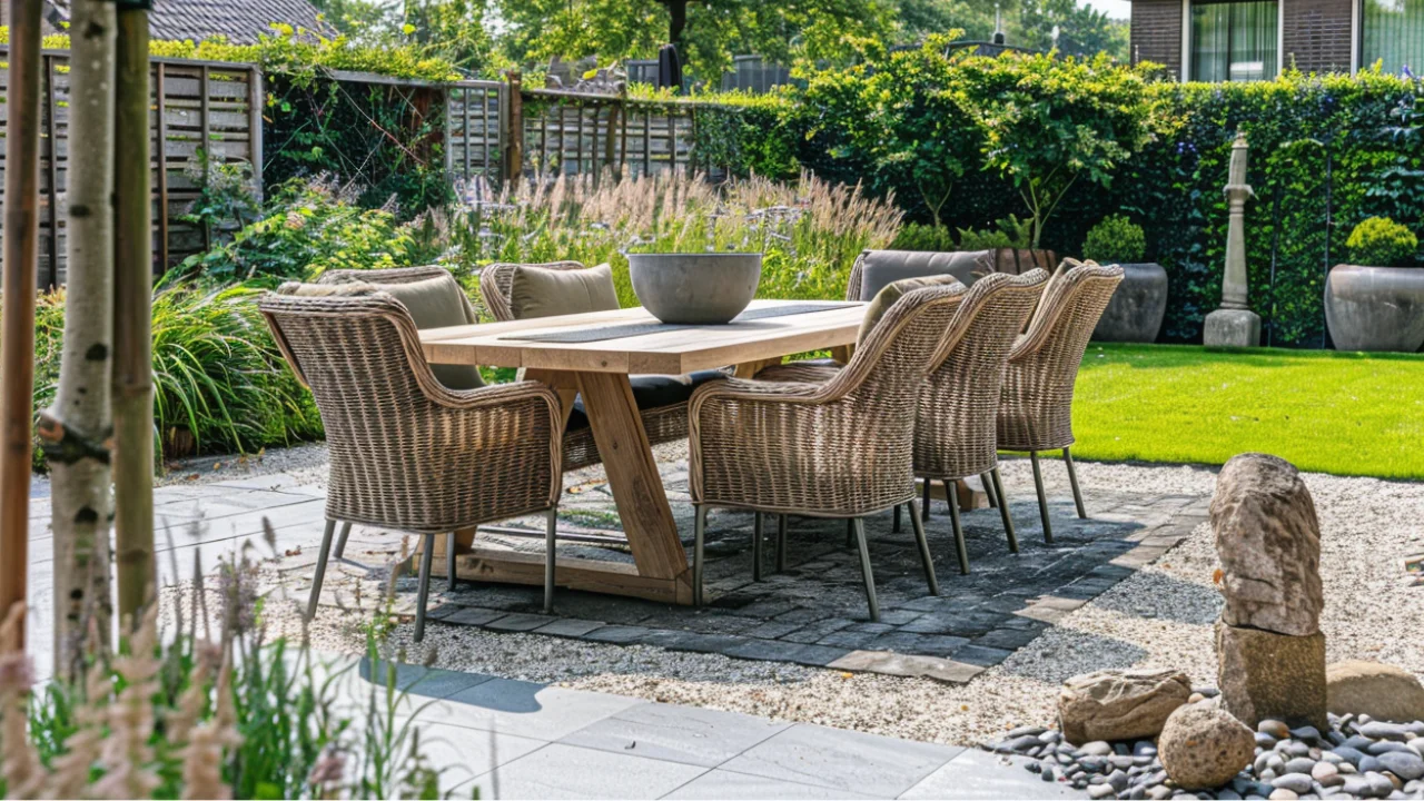 Large garden table with chairs for 8 people in a spacious garden